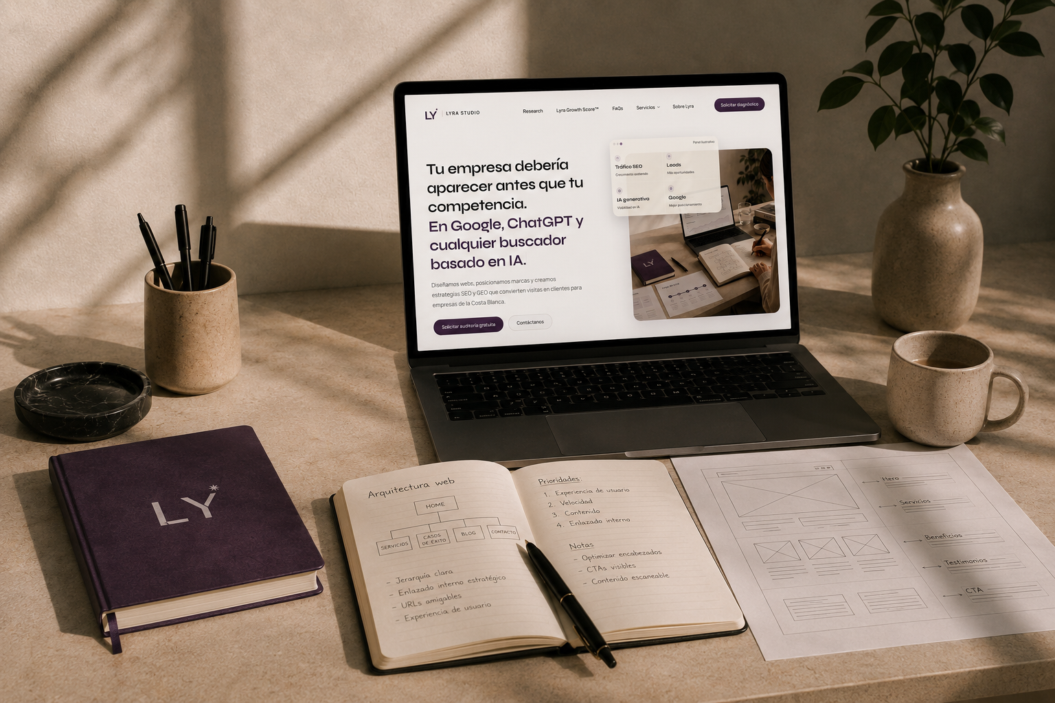 Kit de identidad de marca de Lyra Studio: taza y libreta personalizadas junto a una guía de estilo con la paleta de color, la tipografía Montserrat y la iconografía de la marca