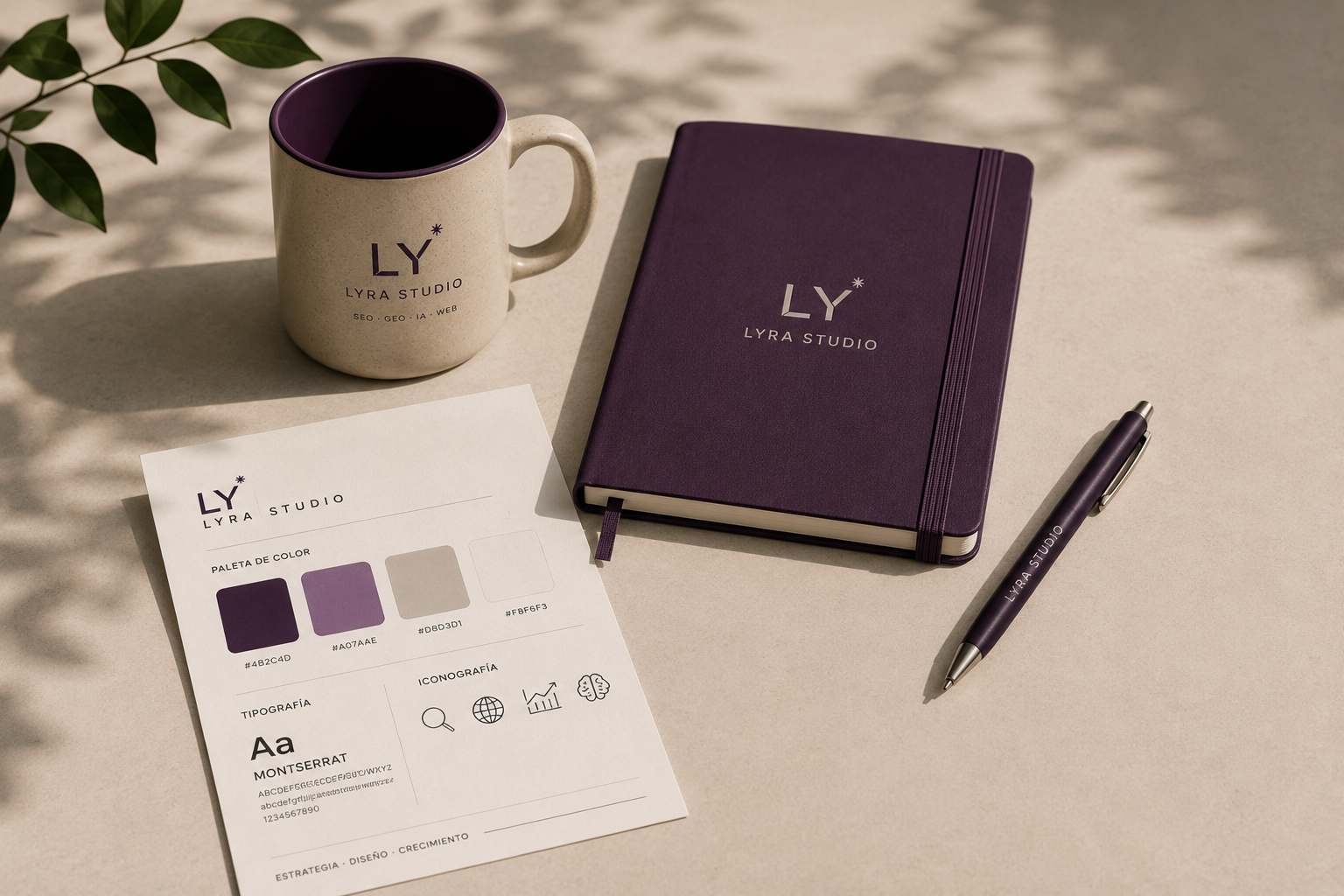 Portátil sobre un escritorio mostrando la página de inicio de Lyra Studio, con el titular Tu empresa debería aparecer antes que tu competencia y el panel de resultados de tráfico SEO, leads, IA generativa y posicionamiento en Google