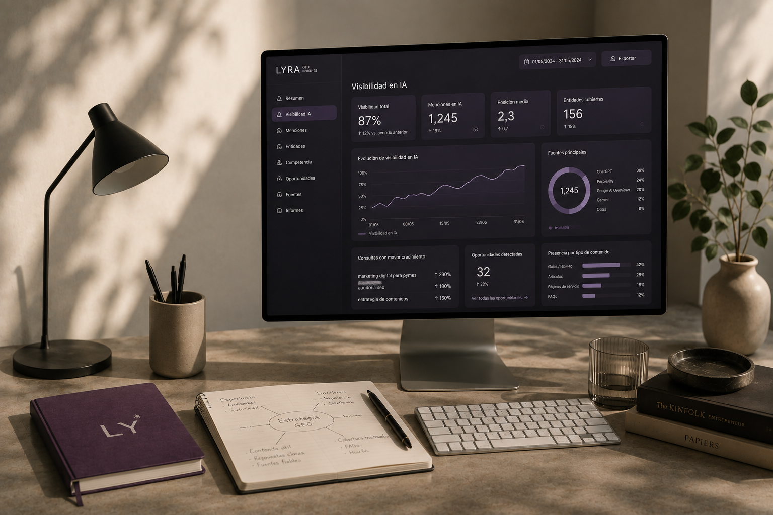 Escritorio de trabajo con un ordenador mostrando el dashboard de Lyra Growth Score: visibilidad en IA, menciones, entidades cubiertas y fuentes de tráfico, junto a una libreta con un boceto de estrategia GEO.